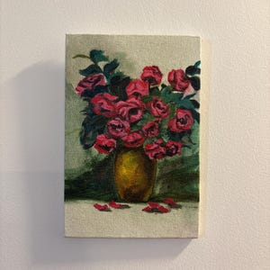 hand painted acrylic canvas painting ,Original Floral Painting ,Pink Rose Bouquet Art on Canvas, 4x6 ready gift ,handmade