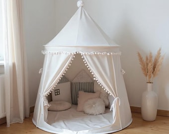 Princess Play Tent for Girls | Kids Castle Playhouse | Toddler Childrens Indoor Fun | Nursery Reading Nook Decor | Pink White Grey Pom Pom
