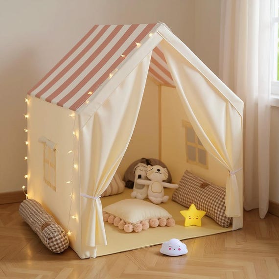 Tente de jeu pour enfants | Maisonnette pour tout-petits | Tente intérieure extérieure pour enfants | Toile rayée en tissu | Coin lecture pour