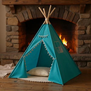 Kids Tipi Tent 160cm | Childrens Teepee Play Tent | Indoor Outdoor Toddler Playhouse | Natural Cotton & Pine Wood Pole Tent | Nursery Decor