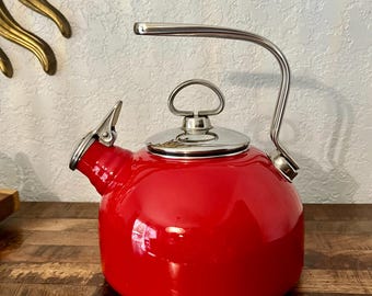 Chantal Red Enamel-On-Steel, German Harmonica Whistling Tea Kettle, 1.8 QT