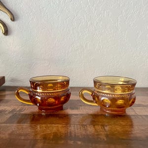 Vintage Indiana Glass King&#39;s Crown Thumbprint Amber Glass Cups, Set of 2