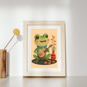 Art mural imprimable Grenouille jouant du banjo - Art folklorique animal mignon pour décoration de chambre d'enfant ou de salle de musique