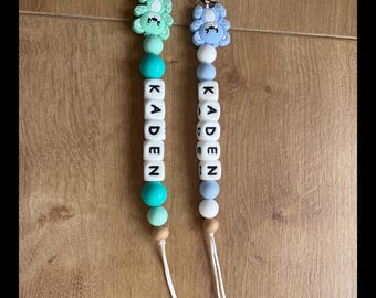 Gepersonaliseerde fopspeenclip: handgemaakte fopspeenhouder van siliconen en hout