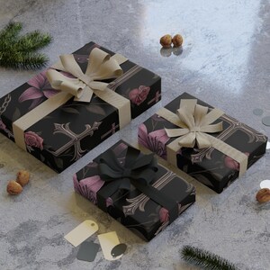 Gothic Floral Gift Wrapping Paper | Elegant Black Rose & Cross Print, Birthday, Halloween, Wedding, Special Occasions