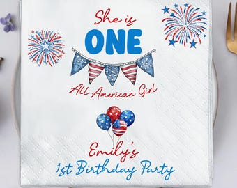 All American Girl 1st Birthday Napkins, Custom Patriotic She Is One Party Decor, Personalized 4th of July Kids Cocktail Napkins, Red Blue