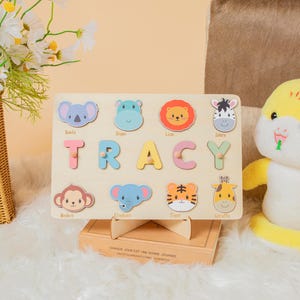 Personalized Animal Name Puzzle,Custom Wooden Toys for Kids, Colorful Educational Toy with Name,New Baby Gift, Christmas Gift for Baby