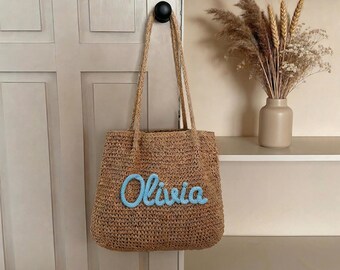 Handgeweven stroschoudertas, boho raffia-draagtas, zomerstrandportemonnee