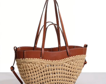 Sac fourre-tout bohème en paille, lanière en cuir, sac à main de plage d'été fait main