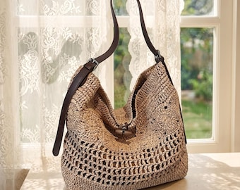 Handwoven Straw Shoulder Bag – Large Woven Beach Tote, Bohemian Hay Purse