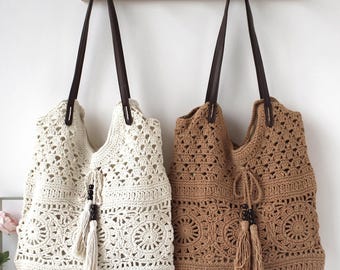 Gehaakte draagtas, handgemaakte katoenen bohotas, herbruikbare boodschappentas, zomerstrandtas, ideaal cadeau voor haar