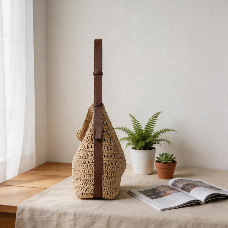 Op de afbeelding: Een beige gehaakte schoudertas met een bruine leren riem. De tas heeft een geweven textuur en een rechthoekige vorm. De riem is aan de tas bevestigd met een bruine leren band. De tas staat op een tafel met een tijdschrift en planten.