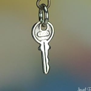 May include: A silver key charm with a small ring at the top. The key has a simple design and is a popular charm for jewelry.