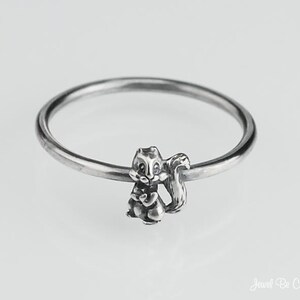 May include: A silver-toned ring featuring a detailed squirrel charm. The squirrel is depicted in a sitting position with a fluffy tail and is attached to a thin, circular band. The ring is set against a plain white background.