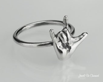 Sterling Silver I Love You ASL Ring Solid .925 Sign Language Hand Ring
