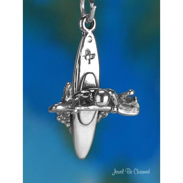 Colgante de kayak de plata de ley, kayak, remo, deporte acuático, 3D, plata maciza 925