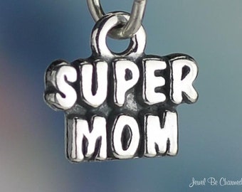 Sterling Silver Super Mom Charm for Great Mother Best Mommy Solid .925