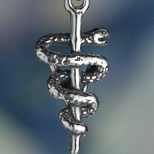 May include: A silver-toned pendant featuring the Rod of Asclepius, a symbol of medicine. A detailed snake coils around a staff, with a loop at the top for a chain. The pendant has a textured surface and is suspended against a blurred blue and green background.