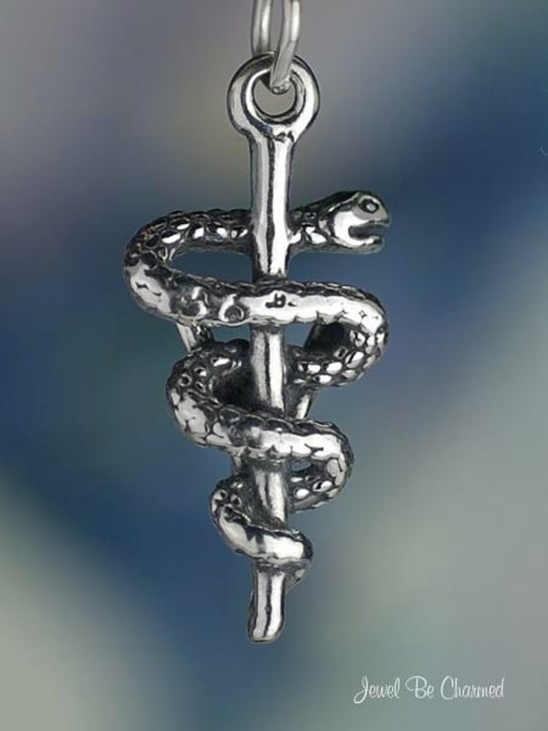 May include: A silver-toned pendant featuring the Rod of Asclepius, a symbol of medicine. A detailed snake coils around a staff, with a loop at the top for a chain. The pendant has a textured surface and is suspended against a blurred blue and green background.