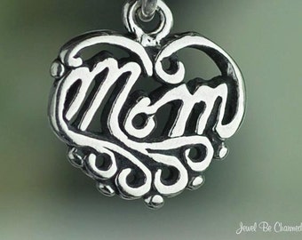 Sterling Silver Pretty Filigree Mom Charm Heart Mother Small Solid 925