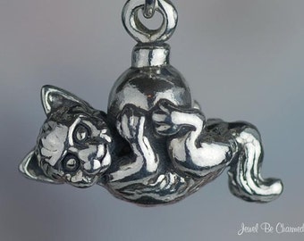 Sterling Silver Christmas Cat Charm Kitten with Ornament 3D Solid .925