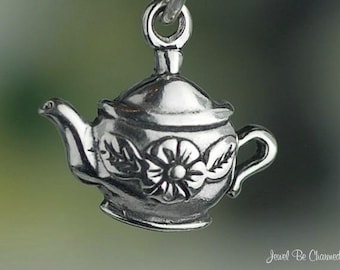 Sterling Silver Teapot Charm with Flower Design Tea Time Solid .925