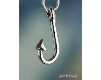 Sterling Silver Fish Hook Charm for Fishing Fishermen 3D Solid .925