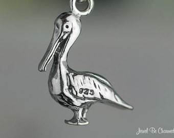 Sterling Silver Pelican Charm Ocean Water Bird Pelicans 3D Solid .925