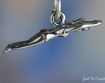 Small Sterling Silver Swimmer Charm Female Swimming Diving Solid .925