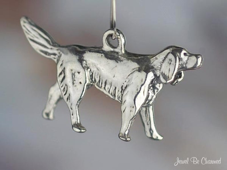 May include: Silver charm of a hound dog in a running pose. The charm is detailed with a textured surface and has a loop at the top for attaching to a bracelet or necklace.