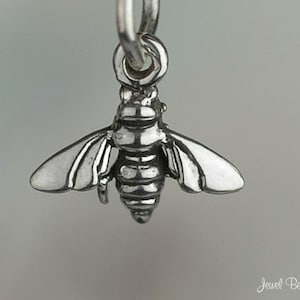 May include: A silver bee charm with detailed wings and a textured body. The charm is attached to a silver jump ring.