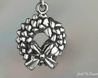 Sterling Silver Christmas Wreath Charm Pine with Bow Holiday Solid 925