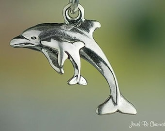 Sterling Silver Dolphin Charm Mother and Baby Dolphins Swim Solid .925