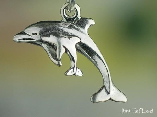 Sterling Silver Dolphin Charm Mother and Baby Dolphins Swim Solid .925
