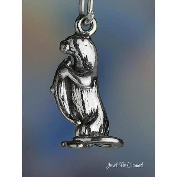 Sterling Silver Sea or River Otter Charm Otters with Fish 3D Solid 925