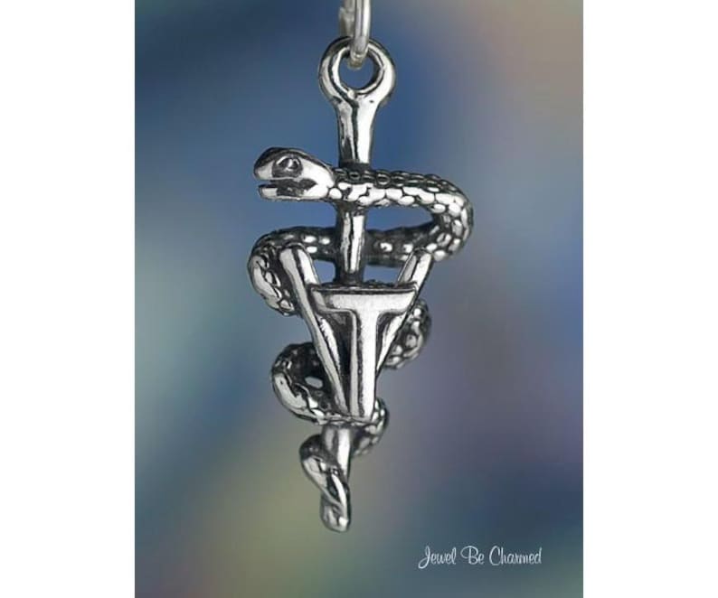 May include: A silver-colored pendant featuring the Rod of Asclepius, a symbol of medicine. A serpent coils around a staff, with a loop at the top for a chain. The pendant is detailed and has a polished finish, ideal for medical professionals or students.