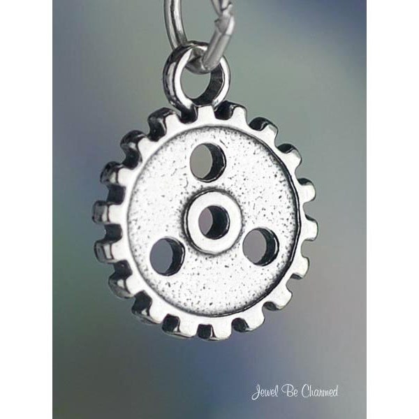 Sterling Silver Gear or Cog Charm Machine or Steampunk 3D Solid .925