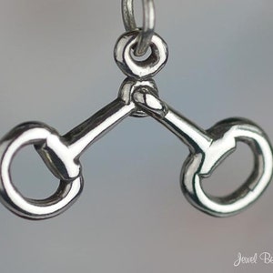 May include: A silver-colored equestrian bit pendant, featuring a classic design with rounded rings on each end and a central joint. The jewelry piece is suspended from a small loop, suitable for a necklace or charm bracelet.