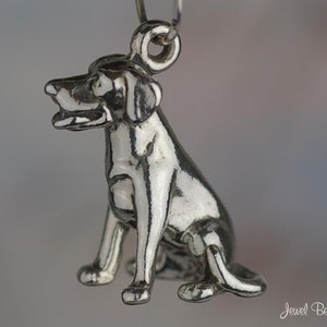 May include: A three-dimensional silver-toned metal charm shaped like a sitting dog, viewed from the side. The charm features a small circular loop at the top for attachment and includes the text Jewel Be Charmed in the bottom right corner.