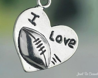 Sterling Silver I Love Football Charm Heart for Sports Fan Solid .925