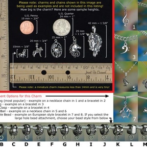 May include: A silver charm in the shape of a unicorn head with a crescent moon. The charm is shown on a ruler with measurements in millimetres and inches. The image also shows different ways to attach the charm to a necklace or bracelet, including jump rings, split rings, lobster clasps, pendant bails, and large hole beads.