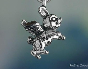 Sterling Silver Bunny Rabbit Angel Charm Rabbits with Wings Solid .925