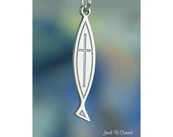 Sterling Silver Cross in Christian Fish Charm Jesus Ichthys Solid .925