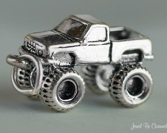 Sterling Silver Monster Truck Charm Big Wheels Pickup Mod 3D Solid 925