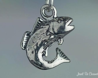 Sterling Silver Bass Fish Charm for Fisherman Fishing 3D Solid .925