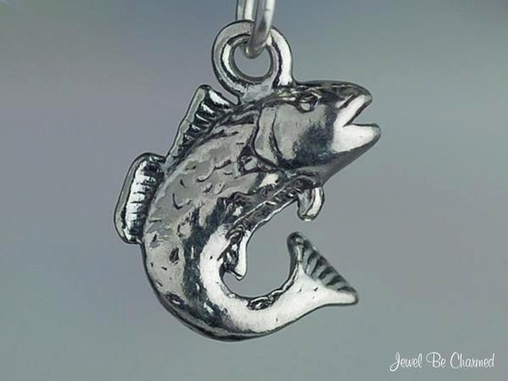 Sterling Silver Bass Fish Charm for Fisherman Fishing 3D Solid .925 