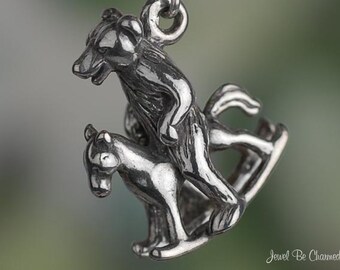 Sterling Silver Teddy Bear on Rocking Horse Charm Playing 3D Solid 925