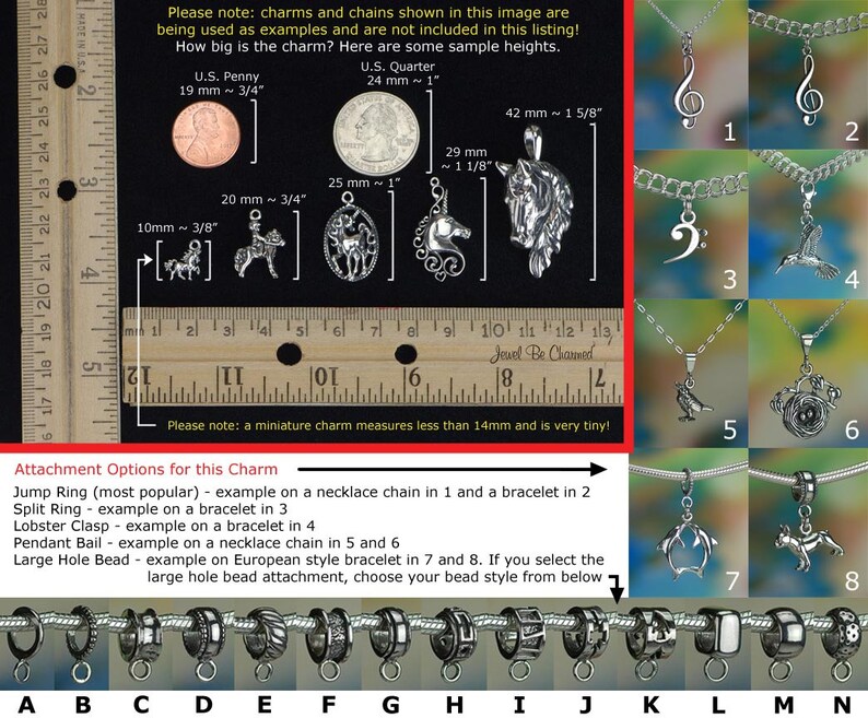 May include: A silver charm in the shape of a unicorn head with a crescent moon. The charm is shown on a ruler with measurements in millimeters and inches. The image also shows different ways to attach the charm to a necklace or bracelet, including jump rings, split rings, lobster clasps, pendant bails, and large hole beads.