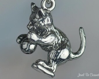 Sterling Silver Cat Playing with Ball Charm Playful Kitten Solid .925