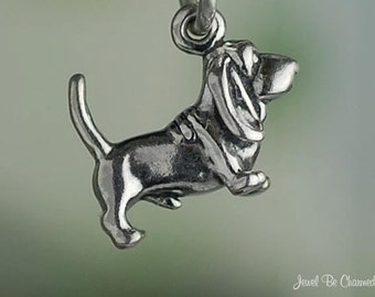 Miniature Sterling Silver Basset Hound Charm Small Tiny 3D Solid .925